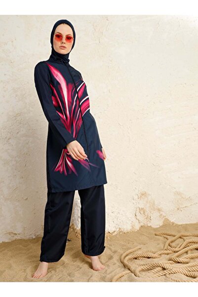 Mayo Bella ملابس سباحة منقوشة مغطاة بالكامل - أزرق داكن فوشيا -