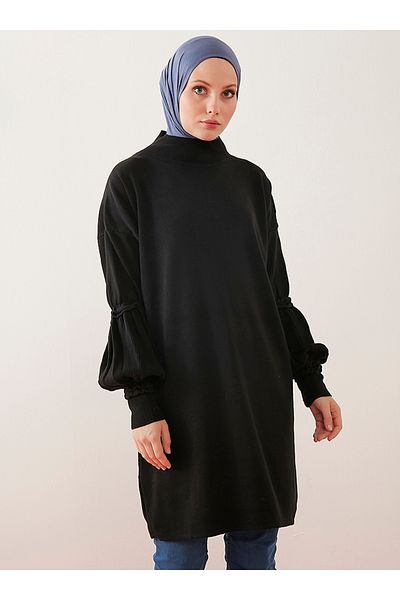 Por La Cara Balloon Sleeve Long Knitwear Tunic - Black -