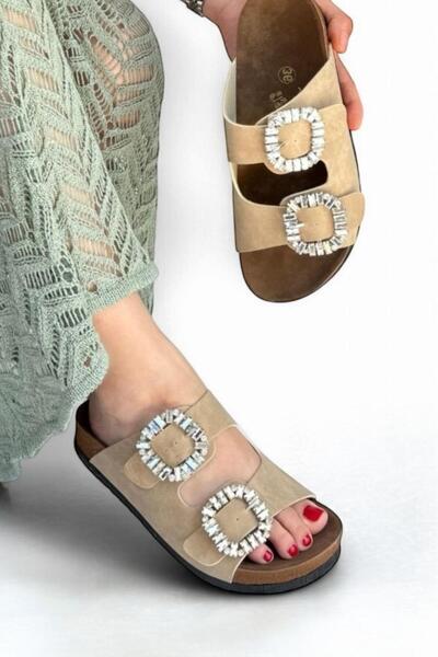 Melissa Boutique Women's Beige Nubuck Leather Crystal Stone Buckle Orthopedic Sole Slippers