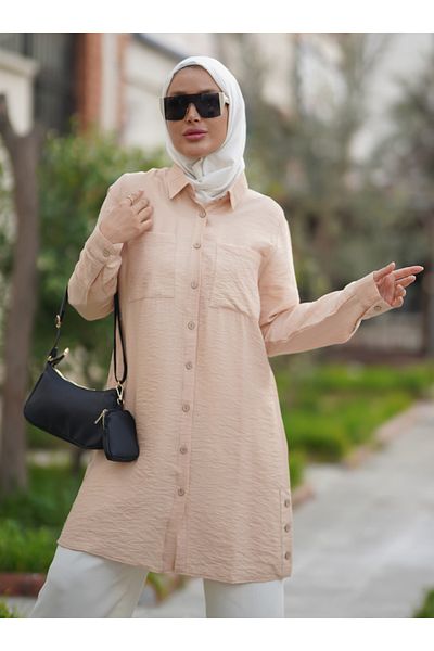 Por La Cara Side Three Button Double Pocket Shirt Tunic - Camel -
