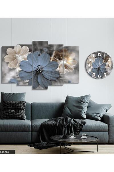 fabriflow exclusive Çiçekli Manzaralı Dekoratif Desenli Mdf Tablo  5 Parça Set Ve saatli