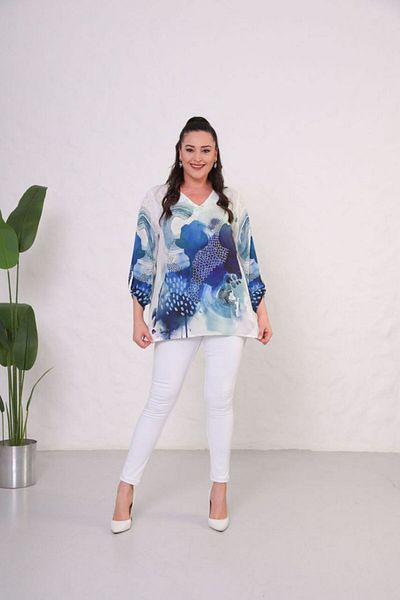 Mezure Patterned Stone V-Neck Crepe Blouse Large Size