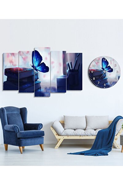 fabriflow exclusive Kelebek çiçek Dekoratif Desenli Mdf Tablo  5 Parça Set Ve saatli