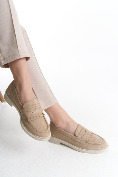 Entella Store Mocasini de dama cu ciucuri pantofi casual din piele intoarsa bej