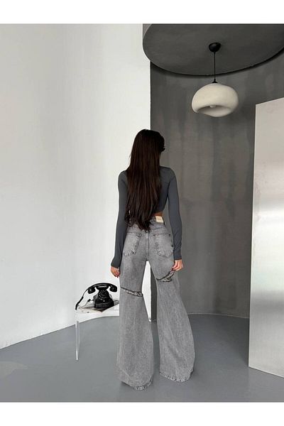 DENİKK TENDINȚE DESIGN SPECIAL PANTALONI PALAZZO JEAN DENIM DETAIL RUPIT CU PICIOARE LĂȚI