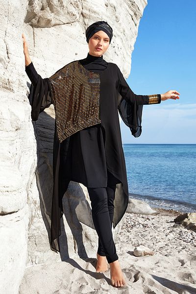 Adasea 3-Piece Pareo Design Lycra Full Covered Hijab Swimsuit 1128 Black