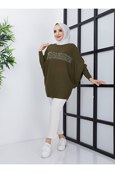 SAHRA BUTİK Bat Sleeve Knit Tunic with Stones on the Front - Khaki -