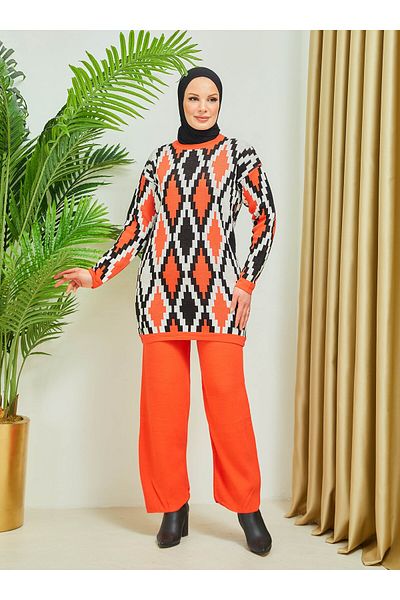 SAHRA BUTİK Sahra Butik - Orange Zigzag Patterned Knitwear Set - with Trousers