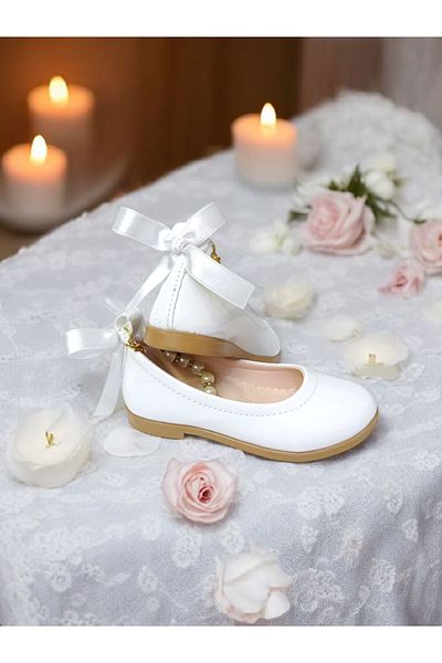 PATİK BEBE Girl's Ankle White Patent Leather Orthopedic Stylish Shoes with Pearls