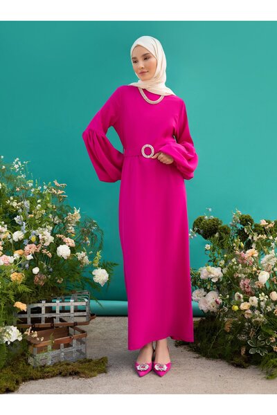 Refka Fuchsia Elegant Evening Dress with Balloon Sleeves and Stone Belt - Refka