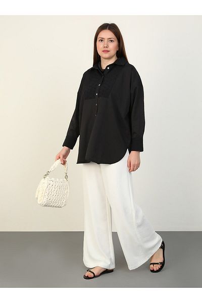 ALİA Plus Size Black Cotton Shirt - Embroidery Detail - Alia