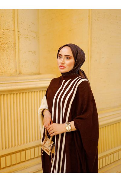 SAHRA BUTİK Bat Sleeve Knitwear Hijab Dress - Side Stripes - Brown - Sahra Boutique