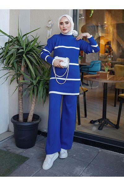 SAHRA BUTİK Sahra Butik - Ribbed Striped Knitwear Set, Blue