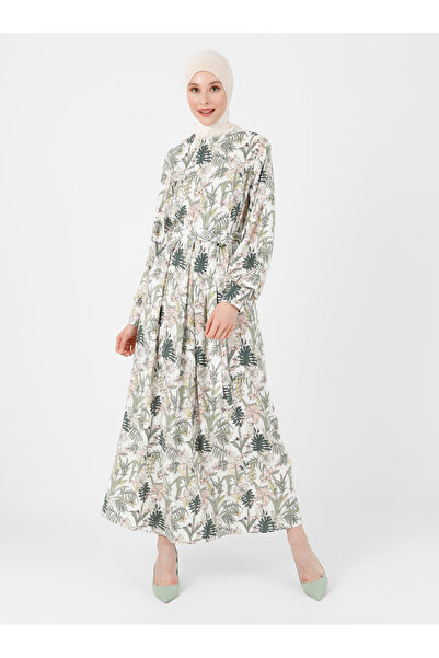 Refka Natural Fabric Floral Patterned Dress - Green Ecru -