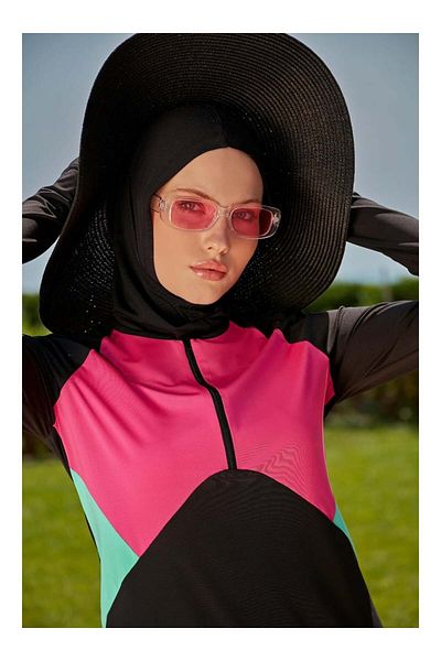 MAYOU Two-Color Sports Hijab Swimsuit with Finger Sling Sleeves Garnish Black Green Fuchsia - Mayou