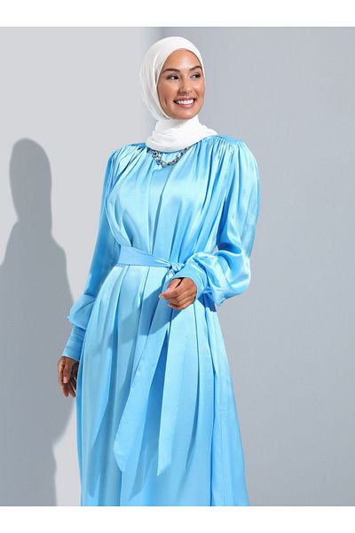Refka Light Blue Satin Hijab Dress - Sash Detail - Woman