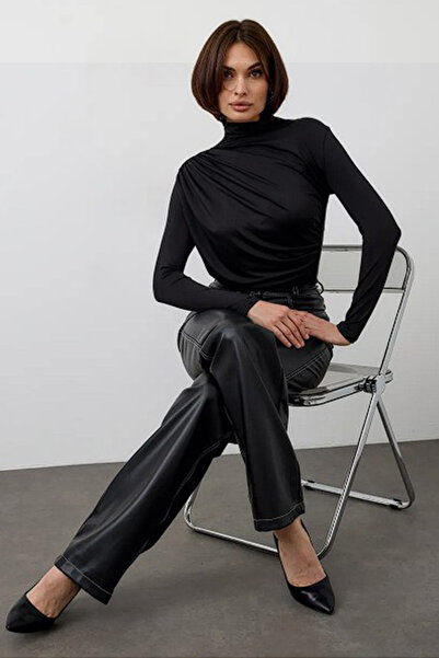 Cockatoo Bluză cu mânecă lungă, neagră, cu guler ridicat, pentru femei