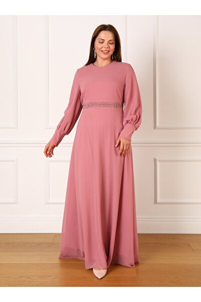 ALİA Dark Rose Plus Size Evening Dress with Balloon Sleeve and Stone Detail - Alia