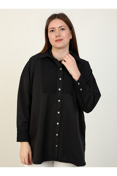 ALİA Plus Size Black Cotton Shirt - Embroidery Detail - Alia