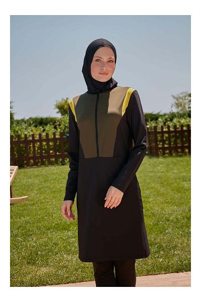MAYOU Two Color Zippered Sports Hijab Swimsuit - Black Green Yellow -Mayou