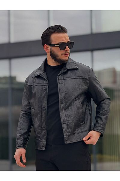KINGAF Ανδρικό δερμάτινο μπουφάν με κουμπιά