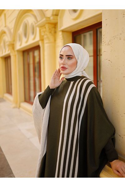 SAHRA BUTİK Γραμμωτό Γυναικείο Φόρεμα Χιτώνι με Σκηνίδιο - Χακί - Σαχρά Μπουτίκ