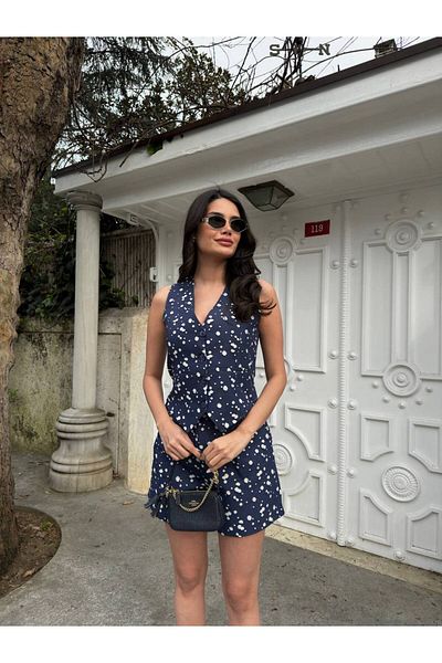 Stil Sepeti Set de pantaloni scurți mini cu pliuri duble pentru femei, albastru bleumarin, cu decolteu în V, cu modele TL- 100058401