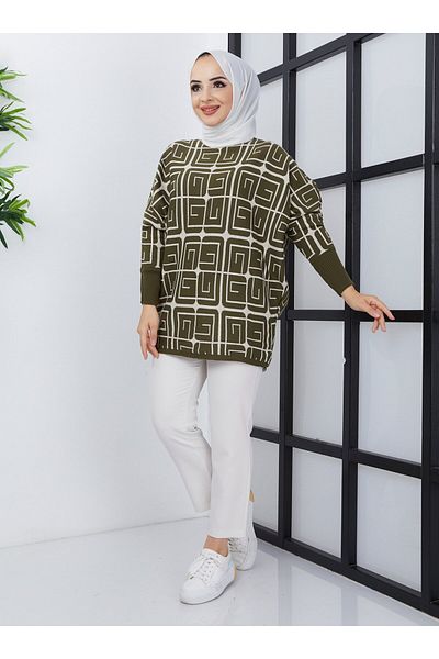 SAHRA BUTİK Πλεκτό χιτώνα με σχέδια - Χακί - Sahra Boutique