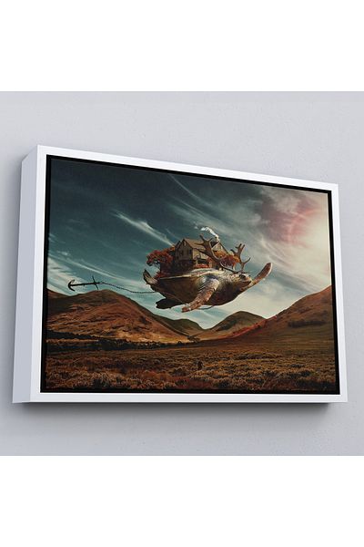 Harita Sepeti Deer Horned Turtle Surreal Painting with White Frame