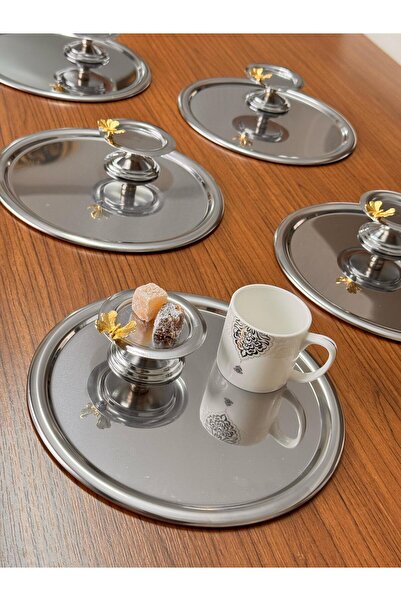 GLORİNDA HOME GÜMÜŞ LÜKS 6'LI LOKUMLUKLU KELEBEKLİ KAHVE,ÇAY,PASTA SUNUMLUK D...