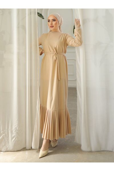 SAHRA BUTİK ΦΟΡΕΜΑ SCUBA CREP ΠΛΙΣΕ ΦΟΥΣΤΑ - Κρέμα - SAHRA BUTIK