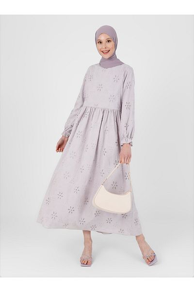 Refka Natural Fabric Lined Scallop Hijab Dress - Antique Lilac -