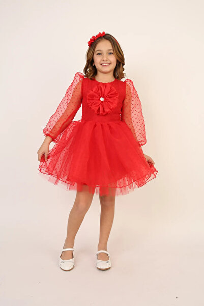 Nacar KIZ ÇOCUK KIRMIZI ELBİSE TÜTÜ 23 NİSAN GÖSTERİ KIAYFETİ