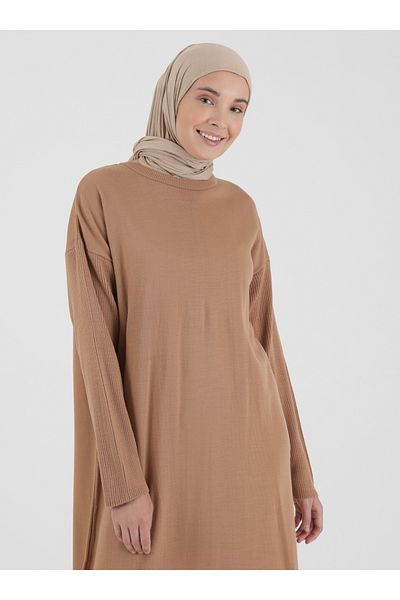 Refka Crew Neck Knitwear Hijab Dress - Camel - Basic