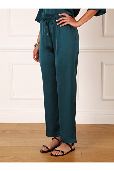 Refka Satin Trousers - Petrol Color, Elastic Waist Detail and Stopper - Refka