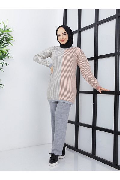 SAHRA BUTİK Gray Thin Striped Knitwear Set - Sahra Butik