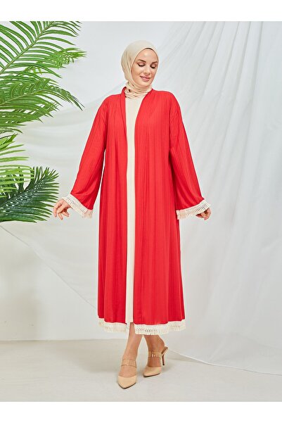 SAHRA BUTİK Red Kimono with Straw Sleeves and Skirt - Sahra Butik