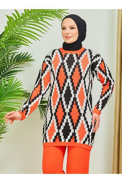 SAHRA BUTİK Sahra Butik - Orange Zigzag Patterned Knitwear Set - with Trousers