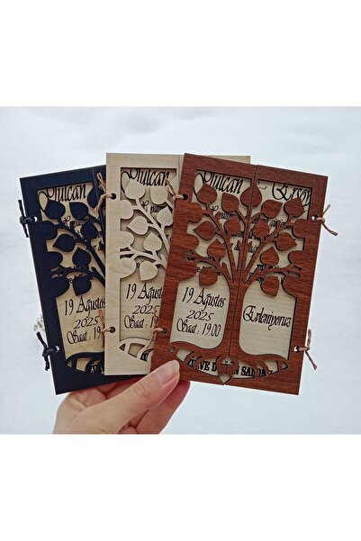 Ahşap Yolculuğu Ahşap kapaklı ağaç figürlü düğün-nişan-kına-parti davetiyesi