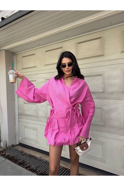 Stil Sepeti Women's Fuchsia Linen Laced Kimono Mini Shorts Set Tl- 100085300