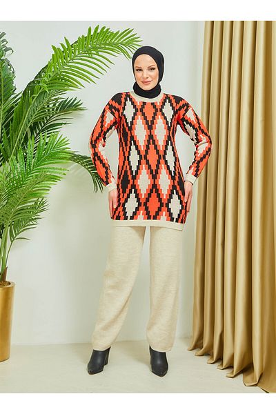SAHRA BUTİK Stone Color Zigzag Patterned Knitwear Trousers Set - Sahra Boutique
