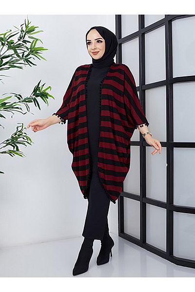 SAHRA BUTİK Claret Red Saqar Boutique - Φουντωτό ριγέ καπάκι