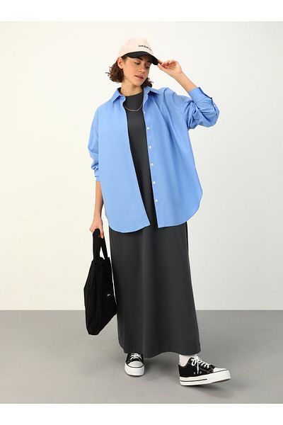 Benin Βαμβακερό κοντομάνικο Basic Hijab Φόρεμα - Γρανίτης - Benin