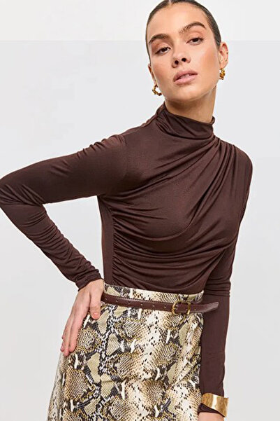 Cockatoo Γυναικεία καφέ μπλούζα με μακρυμάνικο κορδόνι ψηλός λαιμός