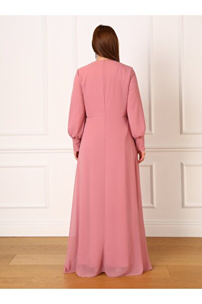ALİA Dark Rose Plus Size Evening Dress with Balloon Sleeve and Stone Detail - Alia