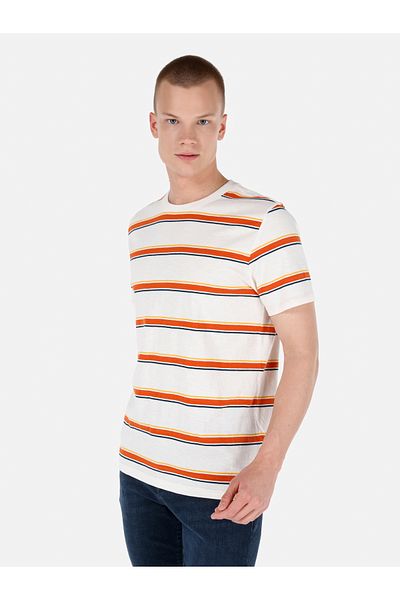 Colin's Regular Fit Round Neck Striped Men's White Short Sleeve T-Shirt