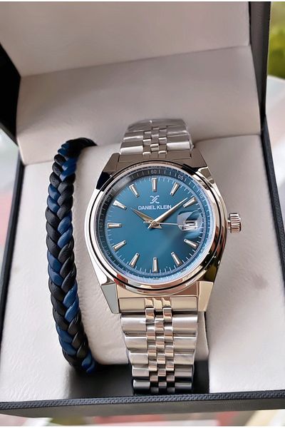 Daniel Klein Dark Blue Silver Exclusive Model - Active Interior Functions Leather Band Men's Wrist Watch Bracelet
