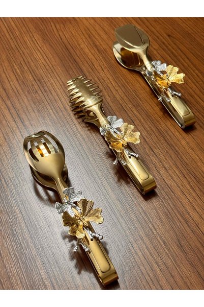 GLORİNDA HOME Gold Luxury 3-Piece Butterfly Kitchen and Presentation Service Decorative Tongs Set Titanium Plated
