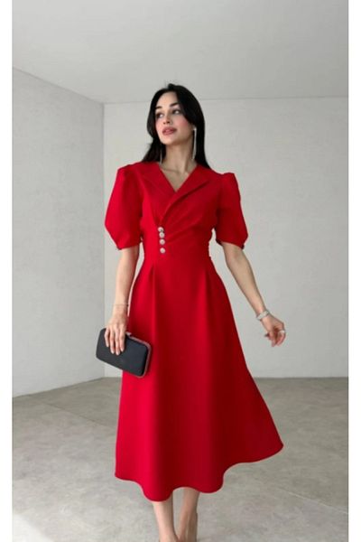 Hayalim moda Double Breasted Neckline Stone Detailed Draped Midi Dress