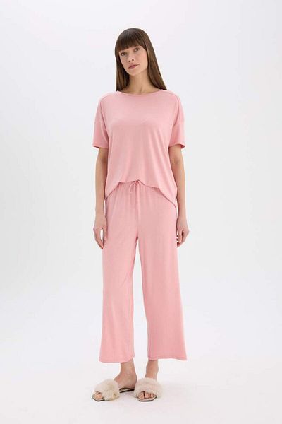 DeFacto New Season Pajama Set Short Sleeve Top Elastic Waist Wide Leg Bottom-Fall in Love